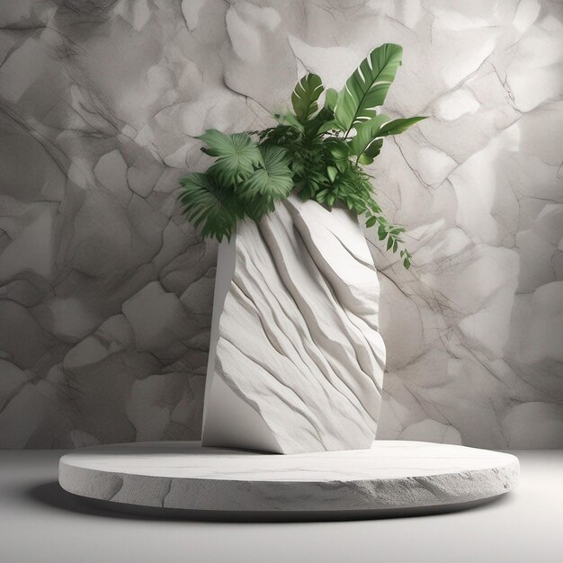 Pantalla de podio de piedra con roca blanca y desenfoque de planta de primer plano de fondo abstracto 3d Render