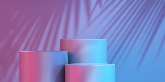 Pantalla de podio de producto 3D y sombra de árbol con fondo de colores, fondo de maqueta de producto, ilustración de render 3D