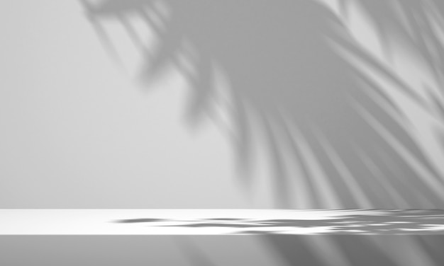 Pantalla de podio de producto blanco 3D con fondo blanco y sombra de árbol, fondo de maqueta de producto de verano, ilustración de render 3D