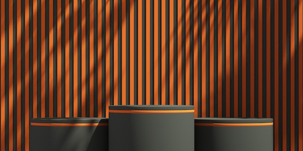 Pantalla de podio de producto negro y naranja 3D con fondo de sombra de árbol fondo de maqueta de producto de halloween Ilustración de procesamiento 3D