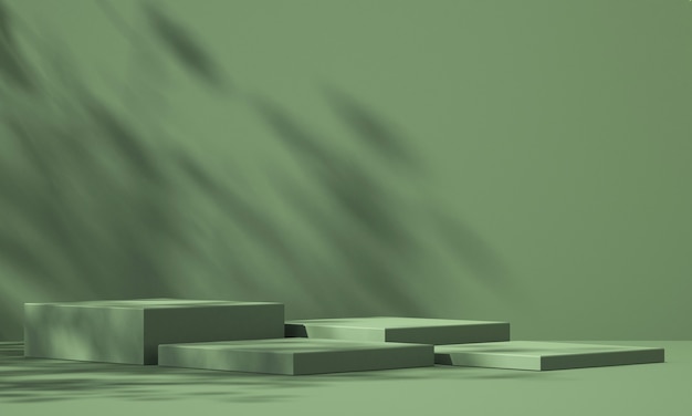 Pantalla de podio de producto verde 3D con fondo verde y sombra de árbol, fondo de maqueta de producto de verano, ilustración de render 3D