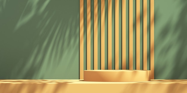 Pantalla de podio de producto verde y naranja 3D con fondo naranja y sombra de árbol, fondo de maqueta de producto de verano, ilustración de render 3D