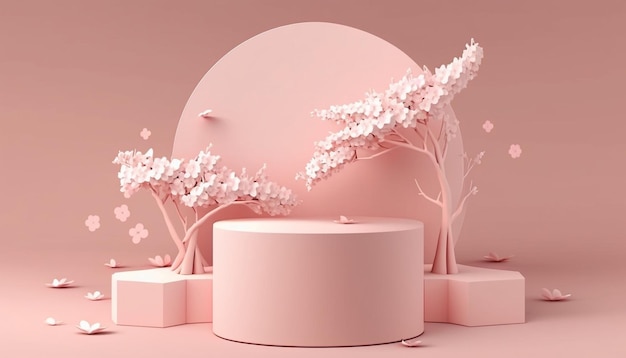 Pantalla de podio rosa de fondo 3D Sakura flor rosa cayendo Ai generativo