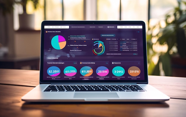 Pantalla de portátil con gráficos y gráficos en la tabla de estadísticas y conceptos de informes empresariales