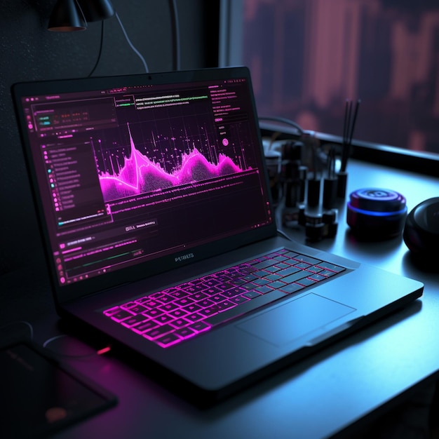 pantalla de portátil con luces rosadas sobre un fondo negro