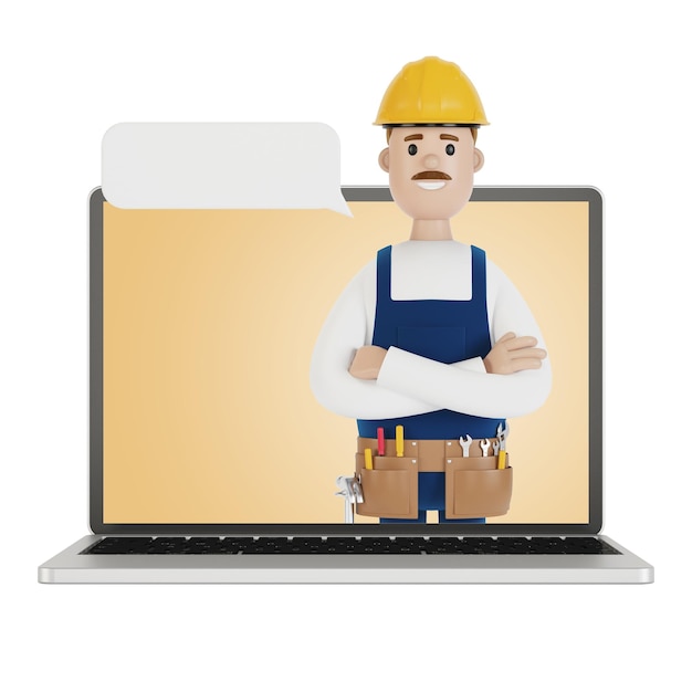 Pantalla de portátil con mago Marido durante una hora Un carpintero fontanero electricista llama al capataz para trabajar en la ilustración 3D en estilo de dibujos animados