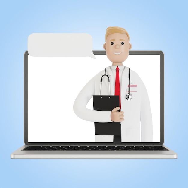 Pantalla de portátil con médico masculino. Concepto de seguro de salud en línea. El médico tiene el contrato. Ilustración 3D en estilo de dibujos animados.