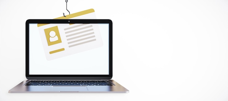 Foto pantalla de portátil que muestra un ataque de phishing con un gancho y una tarjeta de identificación renderización 3d