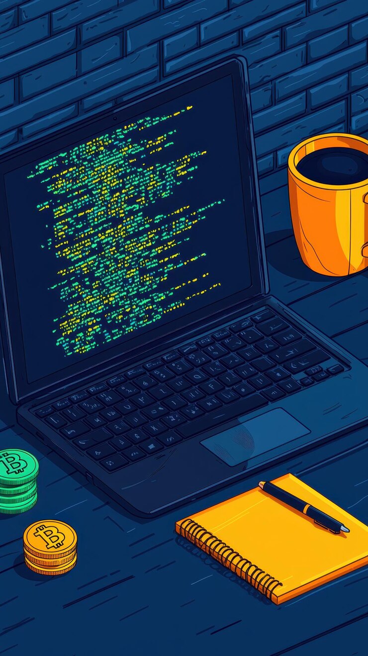 Foto una pantalla de portátil que muestra el código blockchain rodeado por un bloc de notas de taza de café y criptografía estilizada