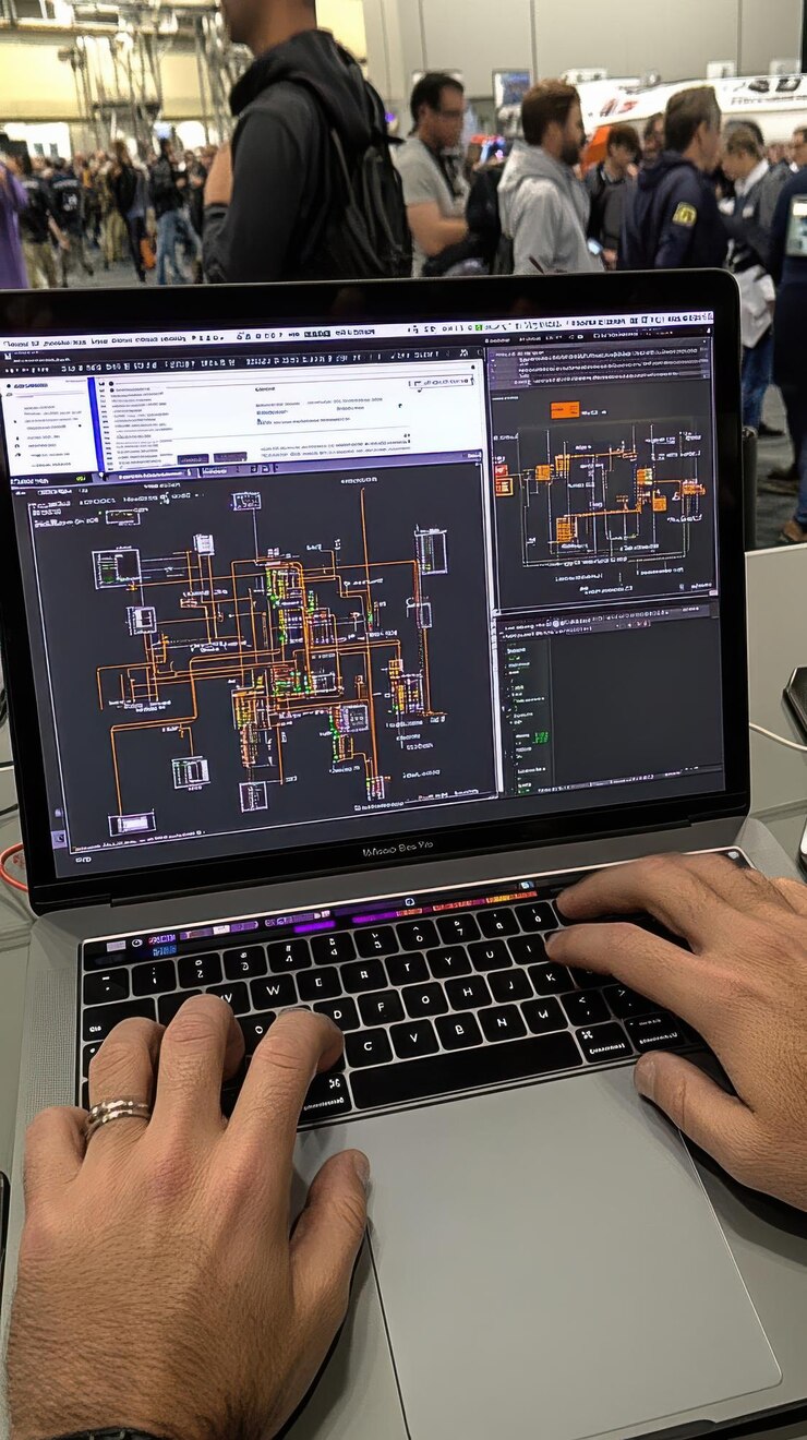 Foto una pantalla de portátil que muestra un diseño de circuito complejo con manos involucradas en la edición