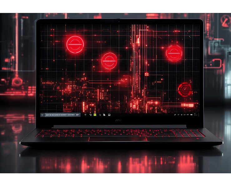 Foto pantalla de portátil con símbolos de alerta rojos cuadrícula tecnológica