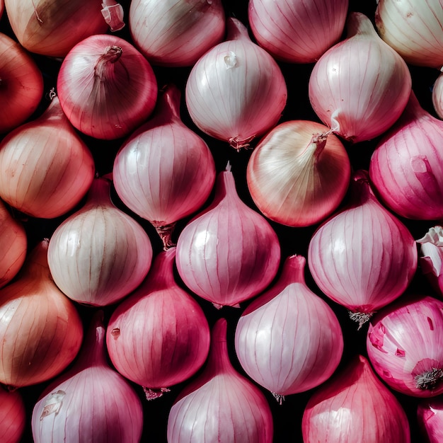 Pantalla de productos frescos de color rosa con cebolla saludable para las redes sociales