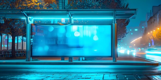 Pantalla publicitaria iluminada en la oscuridad por la noche en la zona peatonal de la parada de autobús Concepto Fotografía nocturna Medio ambiente urbano Tecnología publicitaria Parada de autobús Cultura