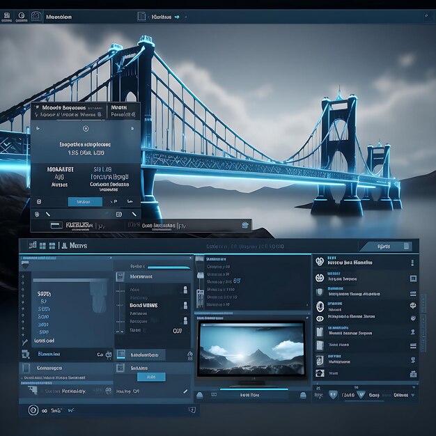 una pantalla con un puente al fondo