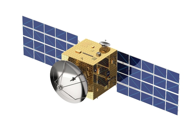 Pantalla de satélite 3D con panel solar aislado sobre un fondo blanco