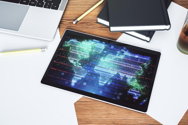 Pantalla de tableta digital moderna con concepto de globalización de mapa mundial creativo abstracto Vista superior Representación 3D