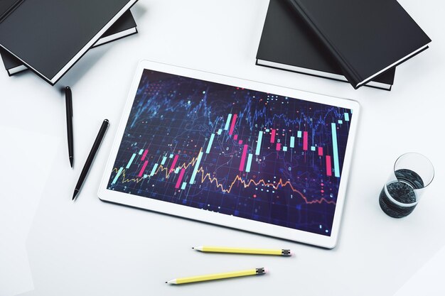 Pantalla de tableta digital moderna con gráfico financiero abstracto concepto financiero y comercial Vista superior Representación 3D
