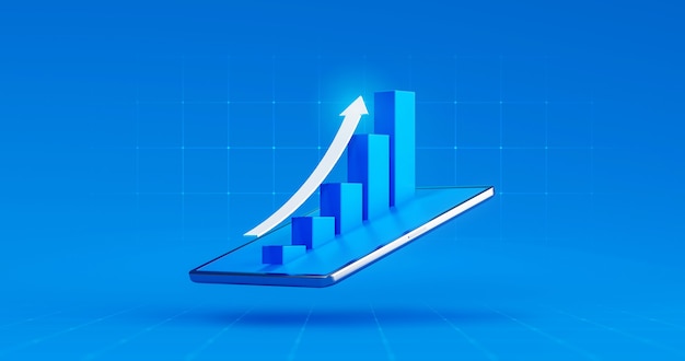 Pantalla de tableta del gráfico de acciones de flecha de gráfico de negocio de mercado o beneficio de datos financieros de inversión sobre fondo de pantalla digital con información de intercambio de diagrama. Representación 3D.