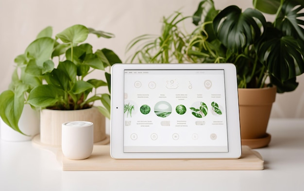 Foto pantalla de tableta con gráficos y gráficos en la mesa con plantas de interior ecológicas y sostenibles