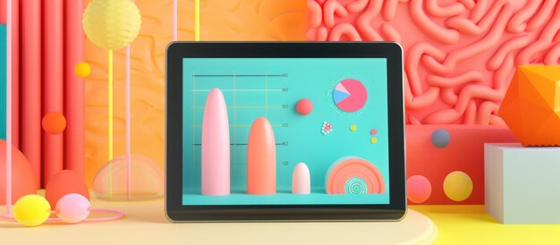 Pantalla de tableta que muestra gráficos y gráficos rodeados de coloridos objetos abstractos en 3D