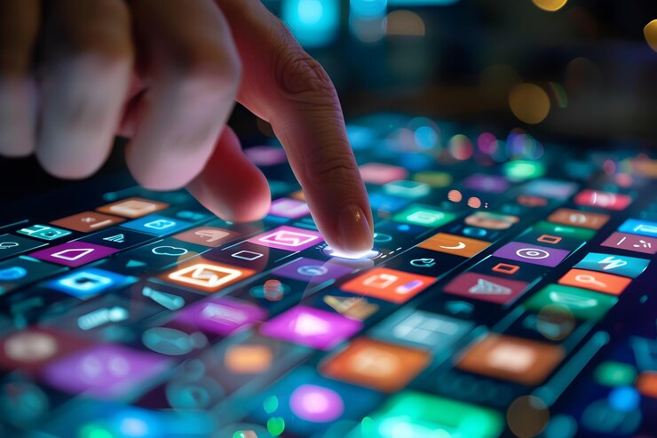 Pantalla táctil interactiva con íconos de aplicaciones coloridos y participación del usuario