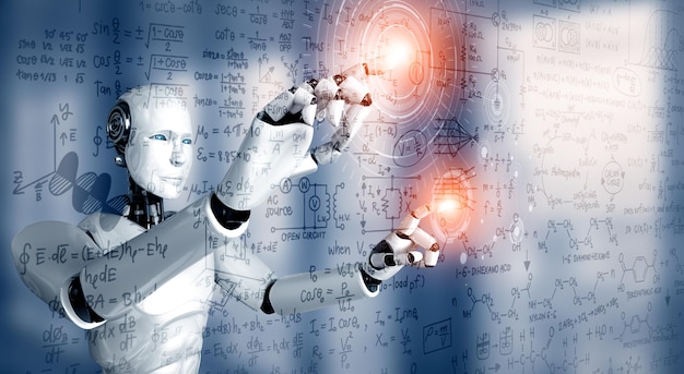 La pantalla táctil del robot humanoide XAI de la fórmula matemática y la ecuación científica