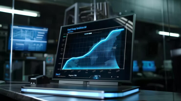 Foto una pantalla tecnológica futurista que muestra un gráfico de línea azul en un moderno