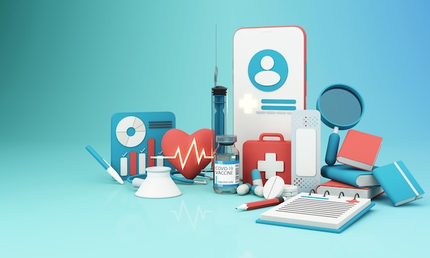 pantalla de teléfono con identificación del paciente enfermedad cardíaca y frecuencia cardíaca tratamientos y pastillas yeso caja de primeros auxilios y botellas de vacunas y jeringas en color azul y rojo en concepto control de salud en línea 3d render