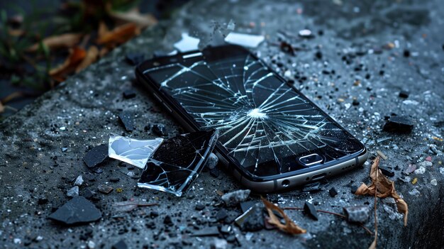 Foto una pantalla de teléfono inteligente destrozada arrojada contra una pared en un ataque de ira