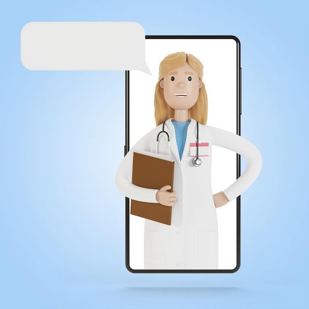 Pantalla de teléfono inteligente con una doctora. Consulta en línea, servicios médicos. Ilustración 3D en estilo de dibujos animados.