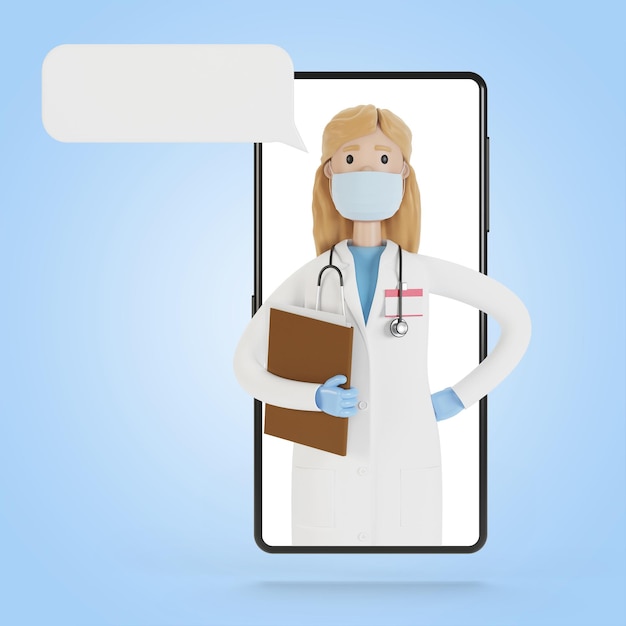 Pantalla de teléfono inteligente con una doctora. Consulta en línea, servicios médicos. Ilustración 3D en estilo de dibujos animados.