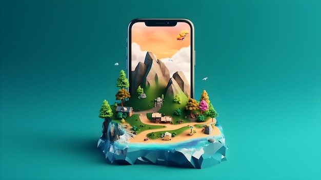 pantalla de teléfono inteligente ilustración 3d de montaña natural