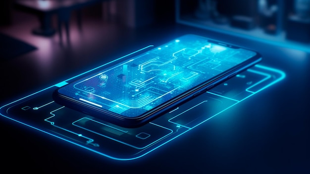 Pantalla de teléfono inteligente con tecnologías de hogar inteligente en un fondo azul Ilustrador de IA generativa