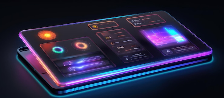 Foto pantalla de teléfono móvil futurista con luces de neón y interfaz