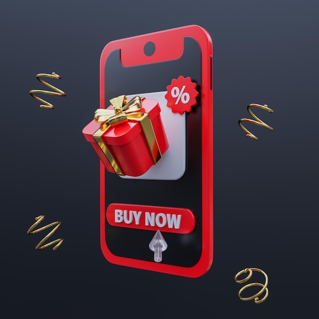 Pantalla de teléfono móvil con promoción de Black Friday y regalo renderizado en 3D Diseño de concepto de compras en línea