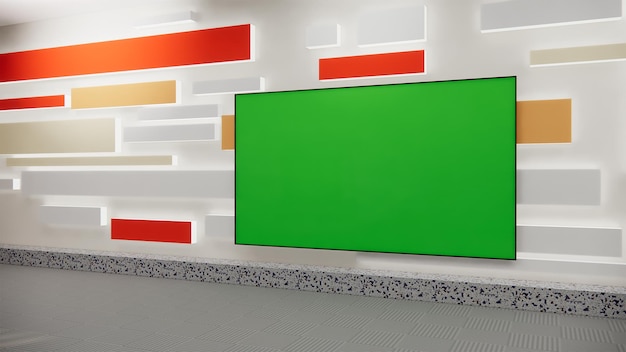 Foto una pantalla de televisión con una pantalla verde frente a una pared colorida