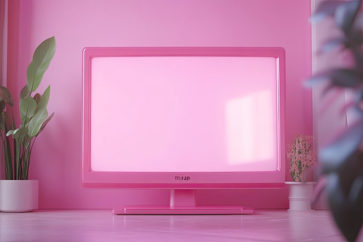 Foto una pantalla de televisión rosa con la palabra mock up en ella