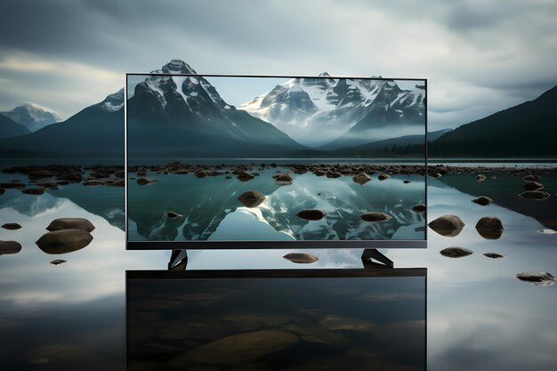 Foto pantalla de tv con reflejo de la montaña en el lago