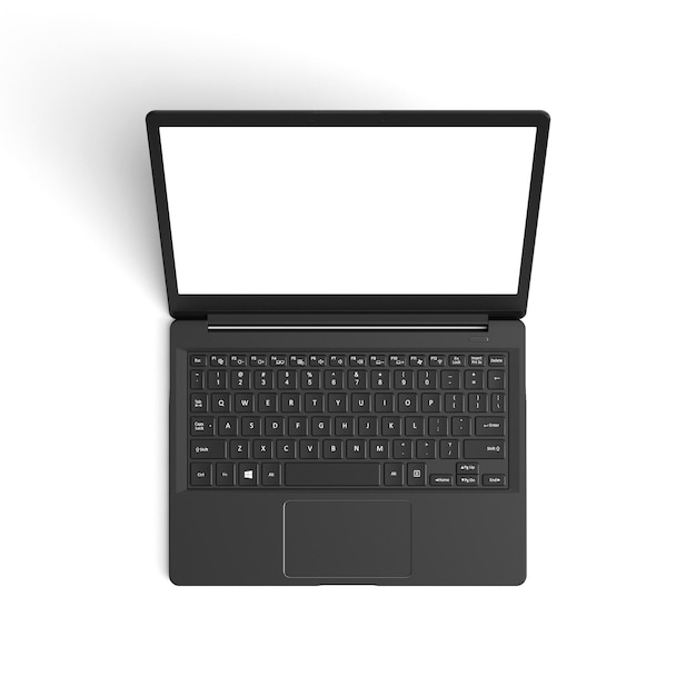 Pantalla vacía de portátil con pantalla en blanco aislada en fondo blanco para anuncios vista superior desde el medio 2
