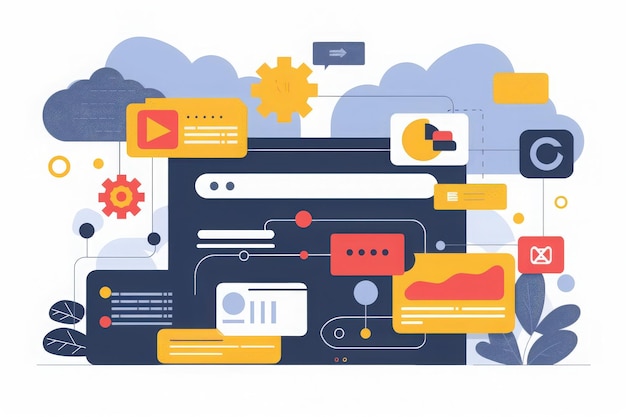 Una pantalla de varias herramientas y características de automatización de CRM presentadas en un diseño colorido atractivo en un fondo limpio