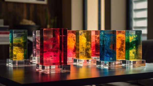 Una pantalla de vasos de colores con diferentes colores de agua y hielo.