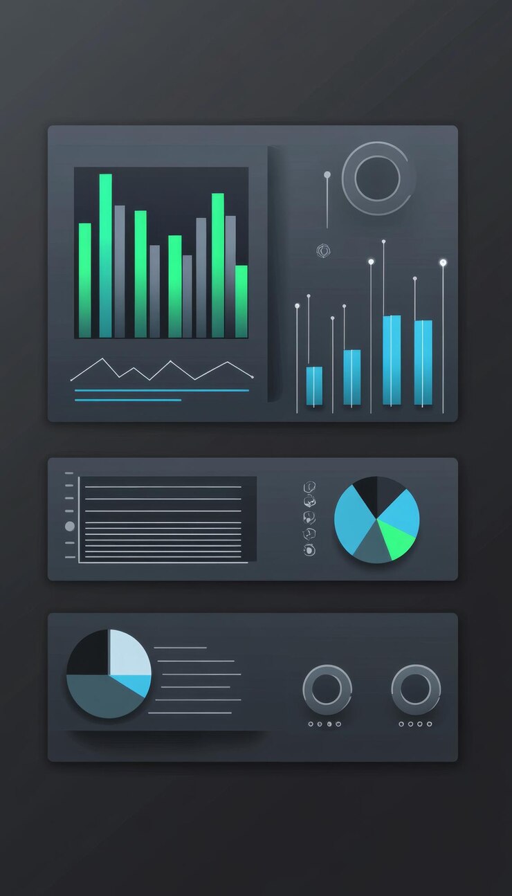 Foto pantalla vectorial plana simple con gráfico de barras y gráfico de pasteles