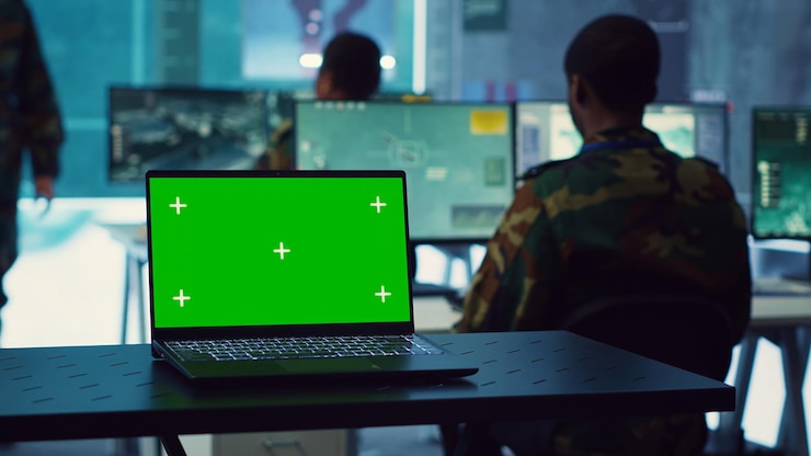 Foto pantalla verde en ejecución en una computadora portátil en el centro de mando de la base militar