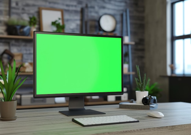 Pantalla verde del monitor en el escritorio en el espacio de trabajo