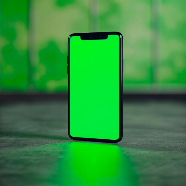 Foto pantalla verde de teléfono inteligente en cámara lenta con un fondo de tecla cromática tecnología de teléfono móvil de teléfono inteligente