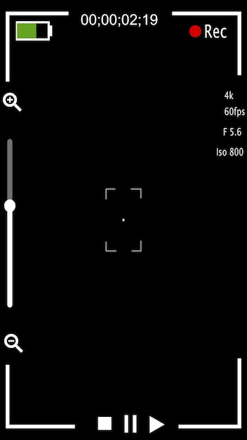 Foto pantalla del visor de la cámara digital con ajustes de la cámara de tiempo de grabación animados sobre un fondo negro