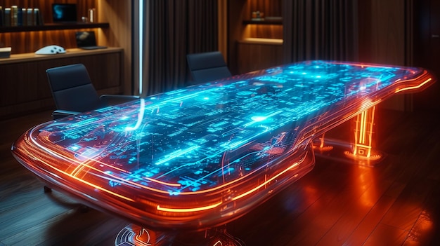 las pantallas holográficas de la mesa de la oficina del futuro estilo Ciberpunk