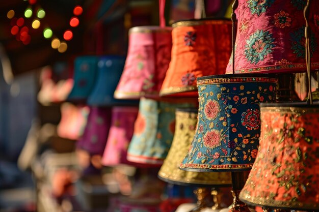 Foto pantallas de lámparas de colores vibrantes para la venta en el surajkund crafts mela en faridabad, india