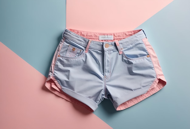 Foto pantalones cortos azules para mujeres sobre un fondo rosado
