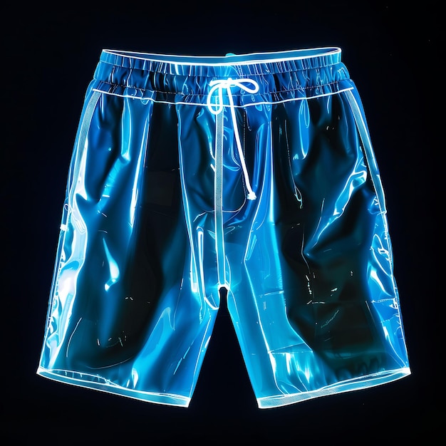 Foto pantalones cortos de las bermudas con cintura de cordón de arrastre hechos con polivinilo cloruro objeto brillante diseño transparente y2k
